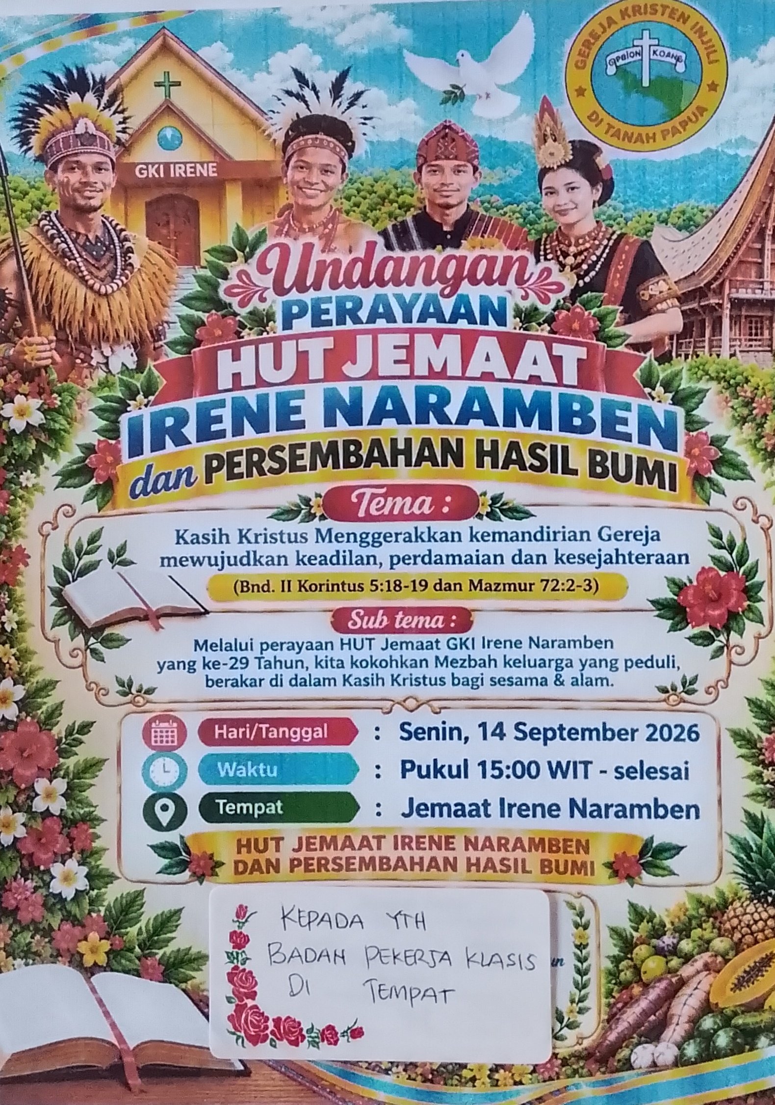 JEMAAT GKI IRENE NARAMBEN MERAYAKAN HUT KE 29 TAHUN DENGAN MENGELAR FESTIVAL BUDAYA DAN PERSEMBAHAN HASIL BUMI